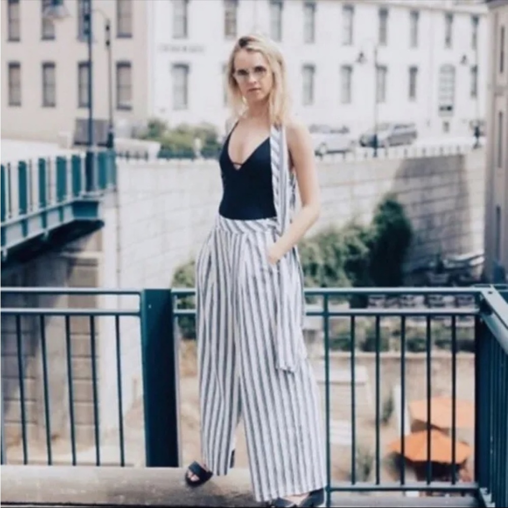 Free People Blue Tuxedo Stripe Wide Leg Pants